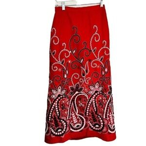 Boho A-line Skirt Embroidery Red Festival Embellished Peasant Vintage Skirt